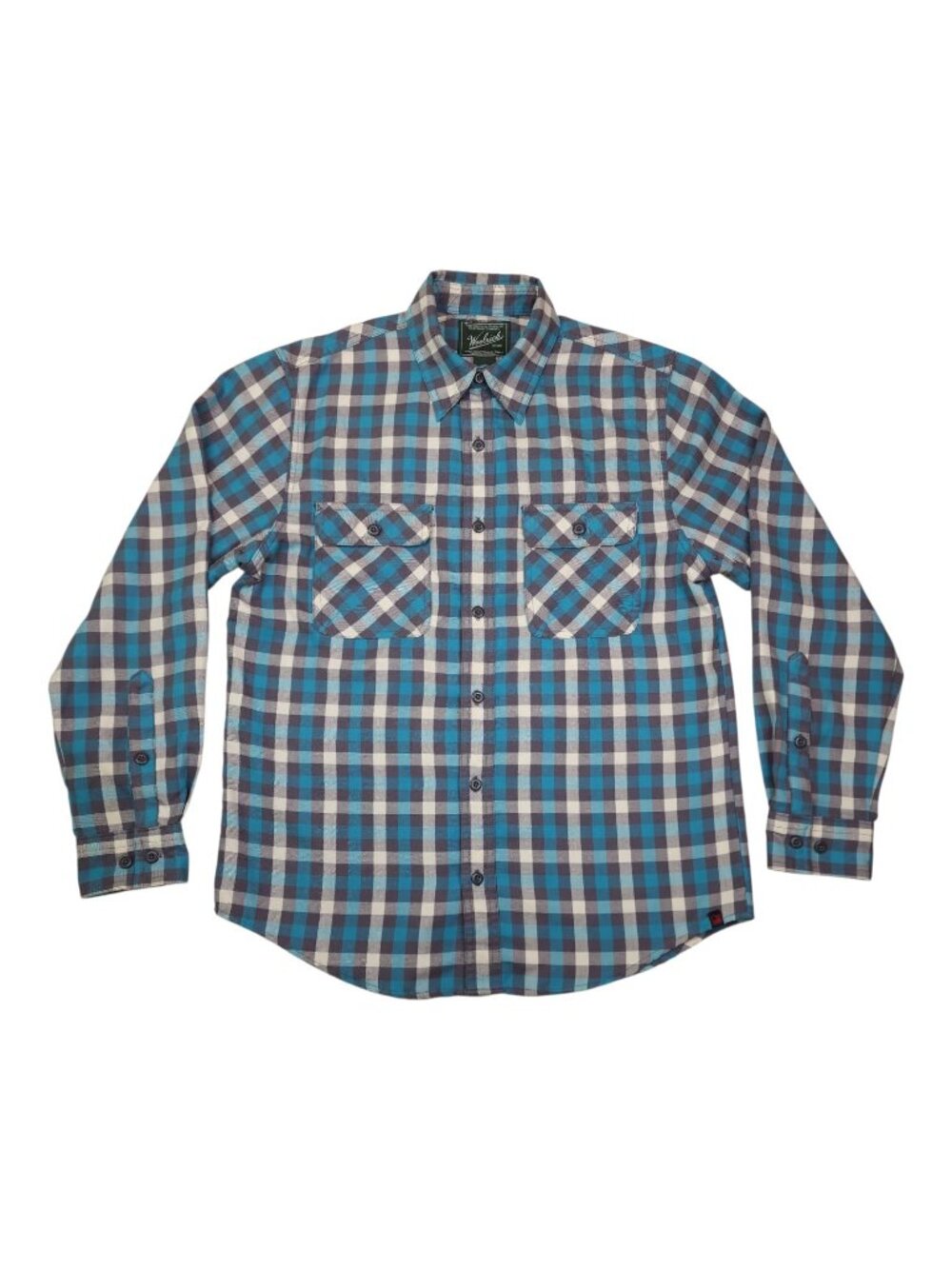 Woolrich Mens Medium Long Sleeve Button Up Shirt Aqua Plaid Under Arm Gusset